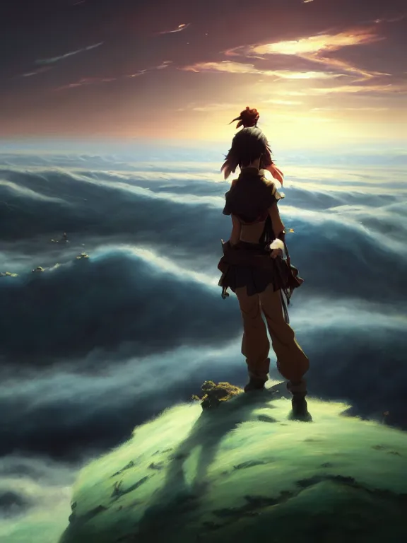 Prompt: classical oil painting of anime key visual environment concept art of wanderer above the sea of fog 1 8 1 8 but figure is anime girl, grimdark fantasy, trending on artstation, brush strokes, oil, canvas, style of kawacy makoto shinkai jamie wyeth james gilleard edward hopper greg rutkowski, preserved historical