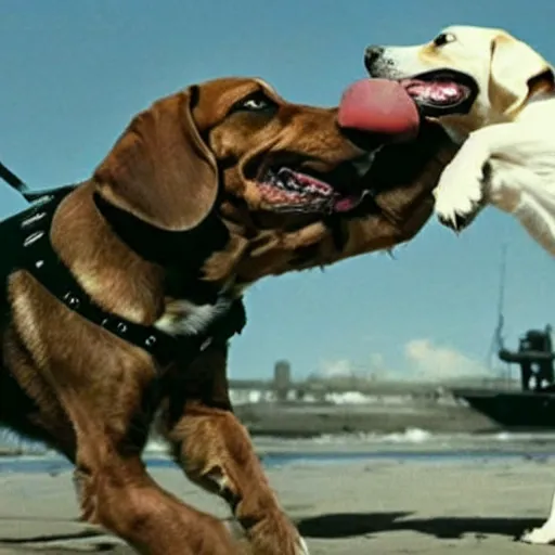 Prompt: photo of gigantic beagle fighting with godzilla