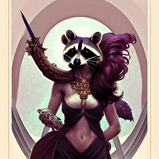 Image similar to a raccoon as the roman goddess of chaos!! intricate elegant, highly detailed, digital painting, artstation, concept art, smooth, sharp focus, illustration, art by ( ( ( artgerm ) ) ) and greg rutkowski! and ( ( alphonse mucha ) ), heavily influenced by frank frazetta and boris vallejo, sword and sorcery