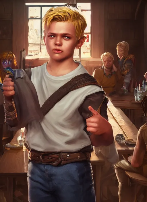 Image similar to An epic fantasy comic book style portrait painting of a young blonde boy thief in a tavern, unreal 5, DAZ, hyperrealistic, octane render, cosplay, RPG portrait, dynamic lighting