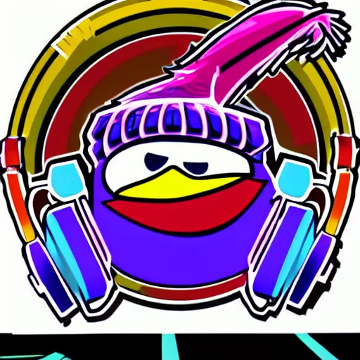 Image similar to svg vector sticker of absolutely insane-big-bird-sesame-street, rocking out, wearing headphones, huge speakers, dancing, rave, DJ, spinning records, digital art, amazing composition, rule-of-thirds, award-winning, trending on artstation, featured on deviantart