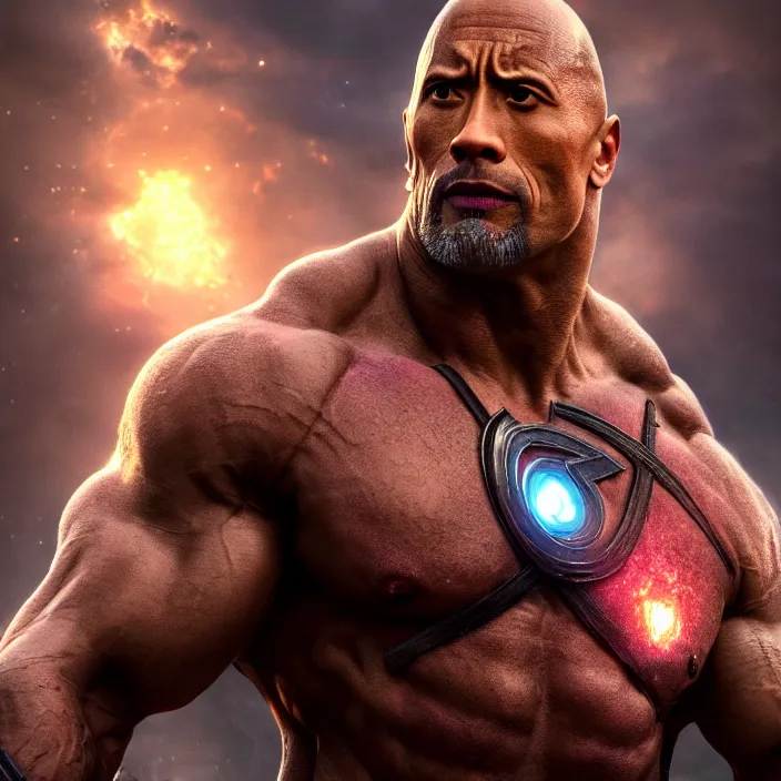 Image similar to Dwayne Johnson as Thanks, avengers end game, avengers infinity war, au naturel, hyper detailed, digital art, trending in artstation, cinematic lighting, studio quality, smooth render, unreal engine 5 rendered, octane rendered, art style by klimt and nixeu and ian sprigger and wlop and krenz cushart