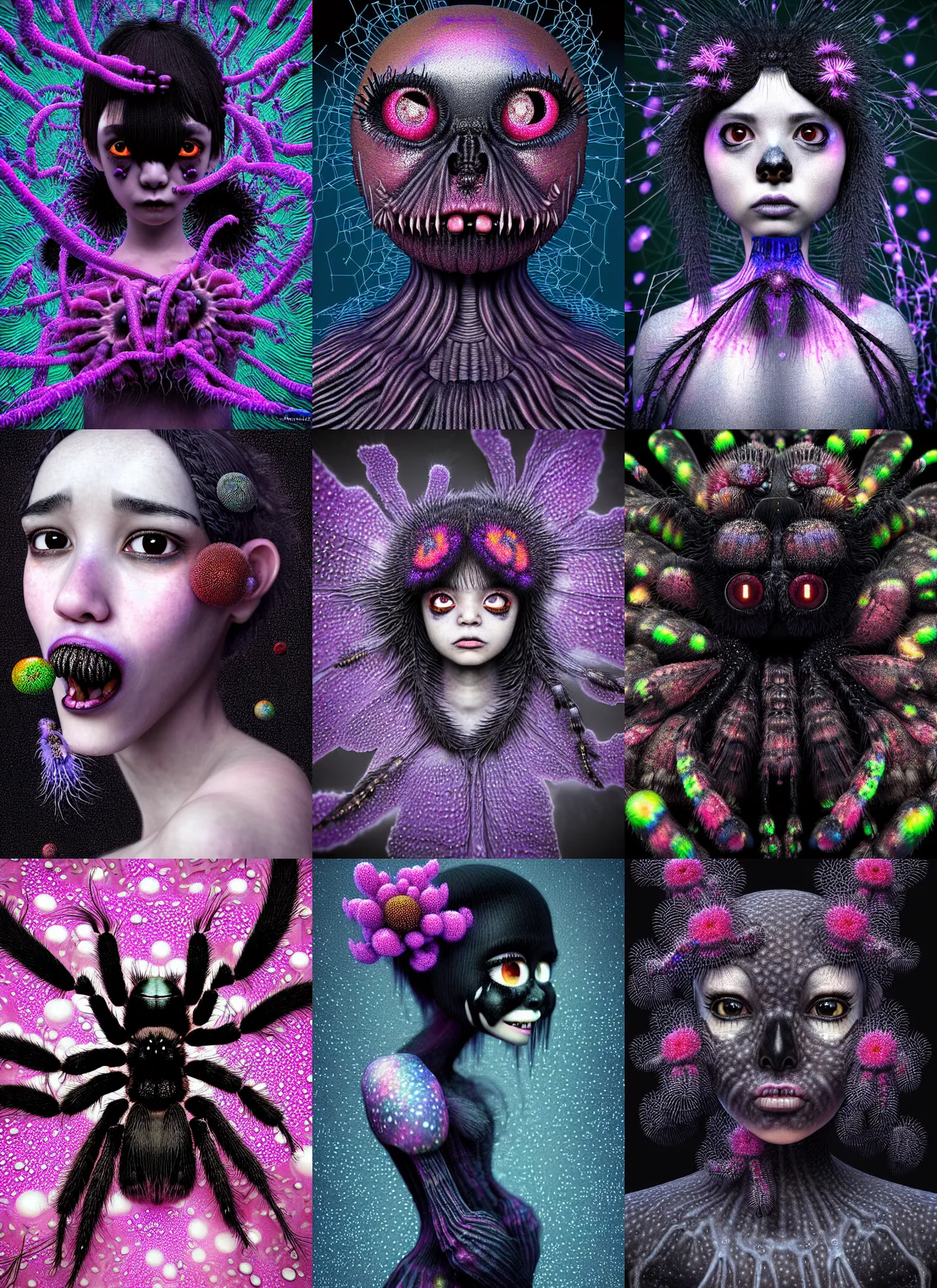 Prompt: hyper detailed 3d render like a dark Oil painting - kawaii portrait Aurora (a black haired tarantula headed flapper-girl from the future) seen Eating of the Strangling network of (charcoal and ben day dots) and milky Fruit and Her delicate pedipalps hold of gossamer polyp blossoms bring iridescent fungal flowers whose spores black the foolish stars by Jacek Yerka, Ilya Kuvshinov, Glenn Barr, Mariusz Lewandowski, Houdini algorithmic generative render, Abstract brush strokes, Masterpiece, Edward Hopper and James Gilleard, Zdzislaw Beksinski, Mark Ryden, Wolfgang Lettl, hints of Yayoi Kasuma, octane render, 8k