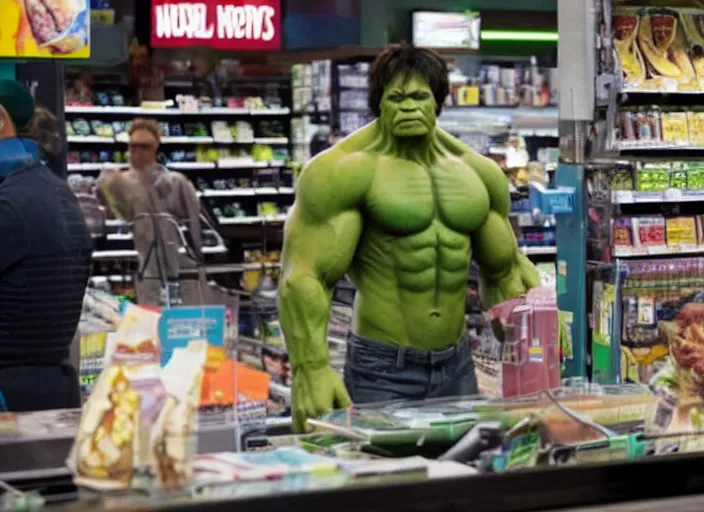 Image similar to film still of hulk working as a cashier in a grocery store in the new avengers movie, 4 k