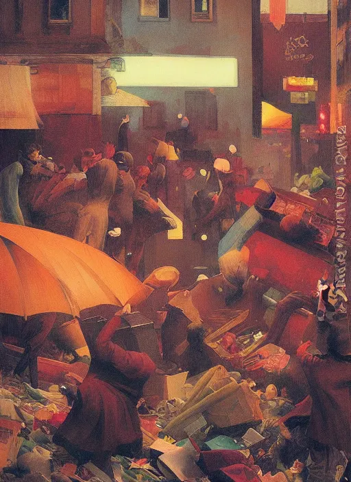 Image similar to crowd dancing in a pile of garbage, snowing night by Edward Hopper and James Gilleard, Zdzislaw Beksinski, Katsuhuro Otomo highly detailed