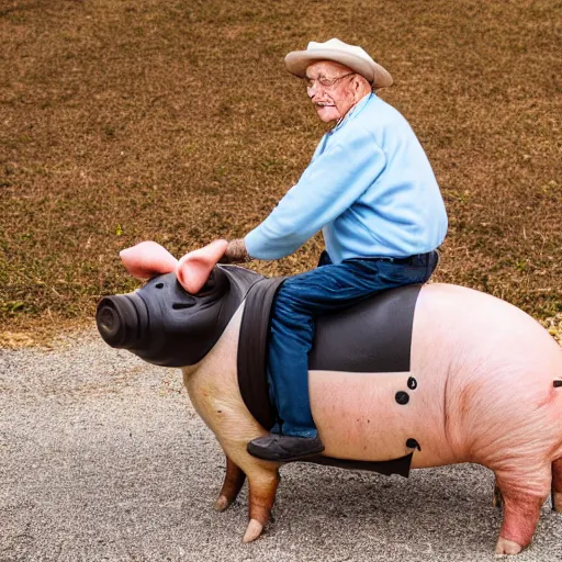 Image similar to portrait of an elderly man riding a pig, canon eos r 3, f / 1. 4, iso 2 0 0, 1 / 1 6 0 s, 8 k, raw, unedited, symmetrical balance, wide angle