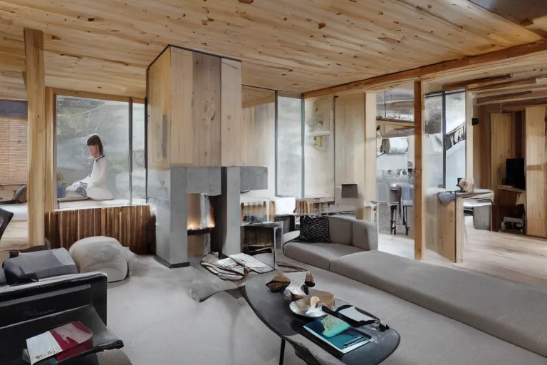 Image similar to luxurious wooden cottage, modern Japanese living room, Japanese flower arrangements, high-tech devices, fireplace, coherent composition, architecturally accurate, architecture photography