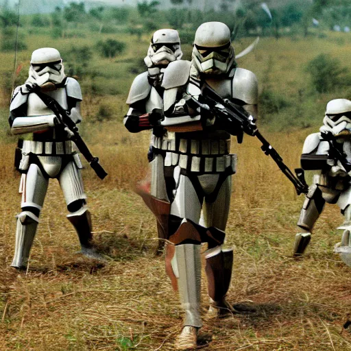 Image similar to star wars clone troopers combat soldiers in vietnam, photo, old picture, lush landscape, jungle, firearms, explosions, helicopters, aerial combat, active battle zone, flamethrower, air support, jedi, land mines, gunfire, violent, star destroyers, star wars lasers, sci - fi, jetpacks, agent orange, bomber planes, smoke, trench warfare