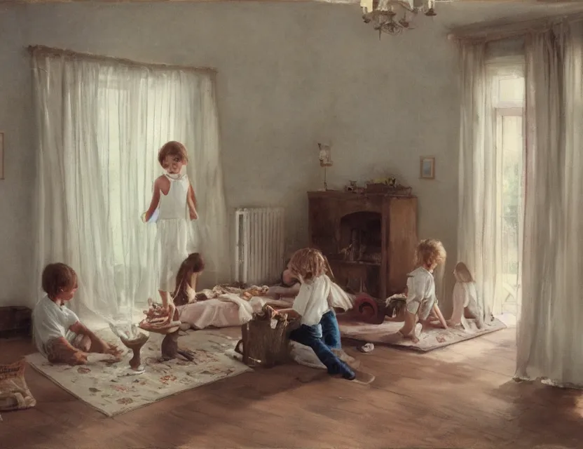 Image similar to kids playing in country house, cottage core, cinematic focus, polaroid photo bleached vintage pastel colors high - key lighting, soft lights, foggy, by steve hanks, by lisa yuskavage, by serov valentin, by tarkovsky, 8 k render, detailed, oil on canvas