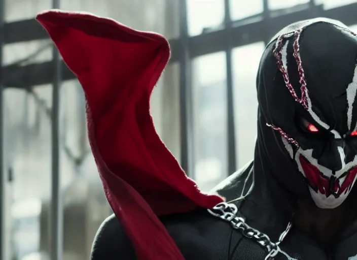 Image similar to film still of michael b jordan as spawn in the new spawn movie, giant chains, large cape, 8 k