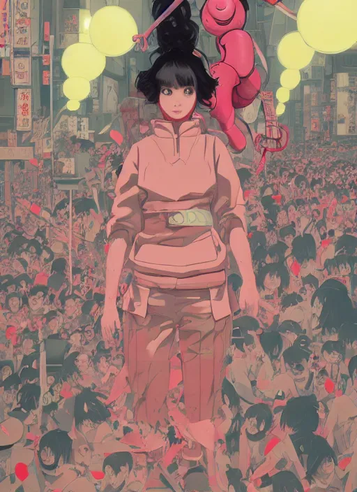 Image similar to Artwork by James Jean, Phil noto and hiyao Miyazaki ; (1) a young Japanese future samurai police lady named Yoshimi battles an (1) enormous evil natured carnivorous pink robot on the streets of Tokyo; Japanese shops and neon signage; crowds of people running; Art work by hiyao Miyazaki, Phil noto and James Jean