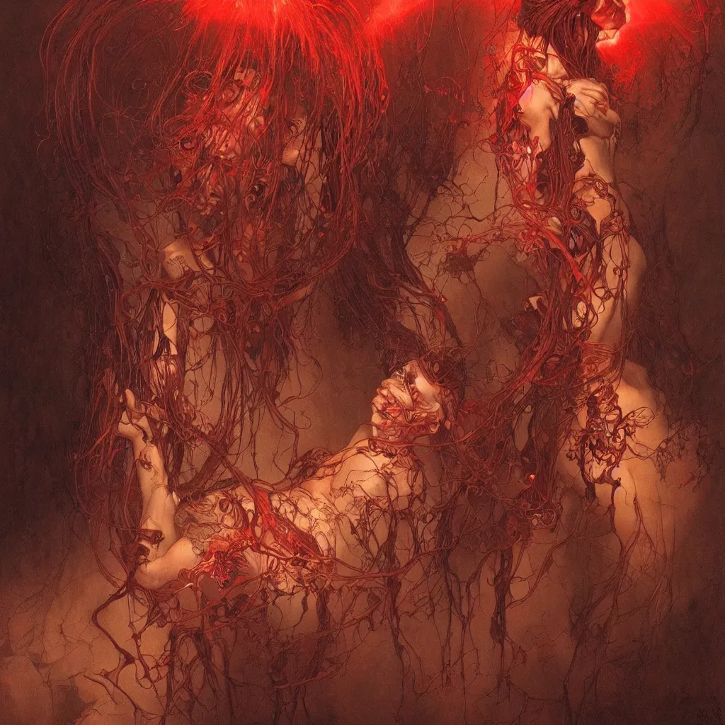 Image similar to bella poarch by chris mars and beksinski, red veins by alphonse mucha, intense lighting, light beams, lens flare, intricate, elegant, nightmare, highly detailed, digital painting, artstation, concept art, smooth, sharp focus, illustration