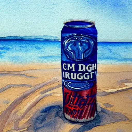 Image similar to can of bud light sittin in the sand on the beach, detailed, watercolor, sunset