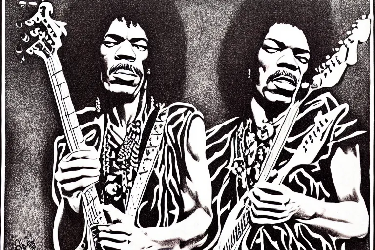 Image similar to grunge rock jimi hendrix, psychedelic concert poster, grainy, surrealist hand drawn by lynd ward, extremely detailed.