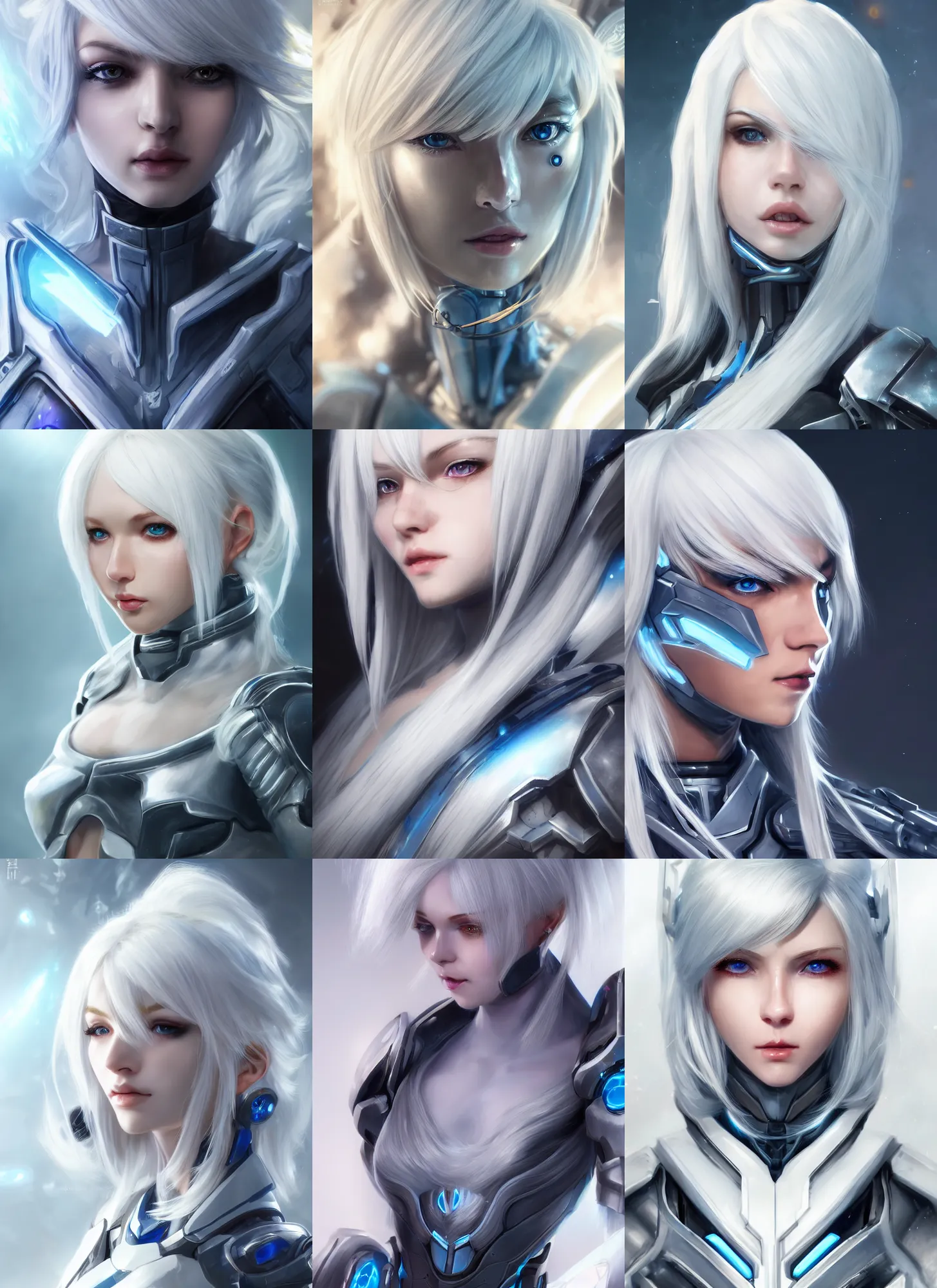 Image similar to detailed portrait of perfect white haired girl, android, warframe armor, beautiful, pretty face, blue cyborg eyes, innocent, scifi, 4 k, sun yunjoo, ultra realistic, aura of light, cinematic lighting, highly detailed, sharp focus, artstation, masterpiece, art by hyungjin yang