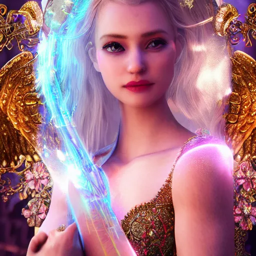 Image similar to portrait of fairy princess, glowing, ornate and intricate jewelry, jaw dropping beauty, glowing background lighting, white accent lighting, hyper detailed, fairy tale, 4 k octane render