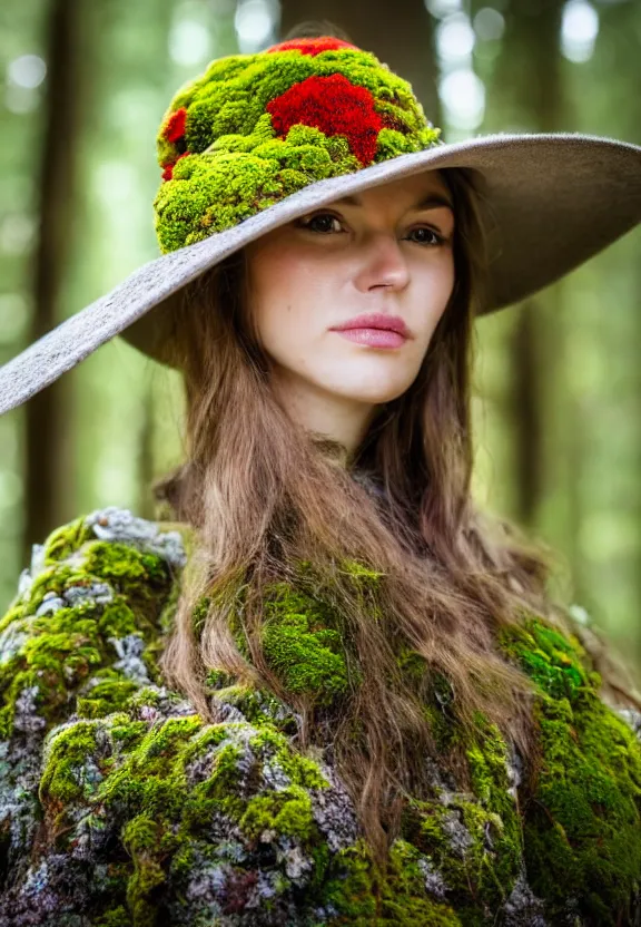 Image similar to a close up of a person in a forest with a beautiful hat made of lichen and flowers, depth of field portrait, hd photography, intricate