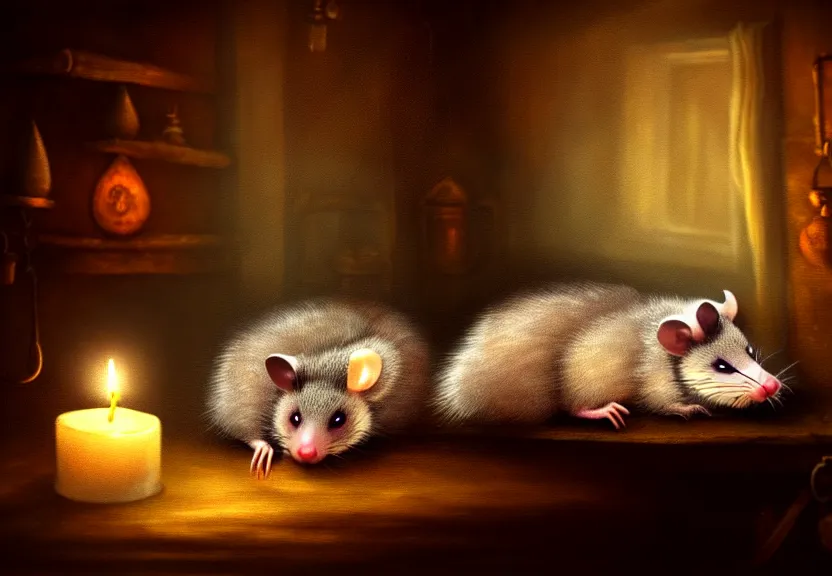 Image similar to cute possum sleeping on a bed in a medieval cluttered cottage at night under the dim light of a candle, dark fantasy, dreaming illusion, trending on artstation