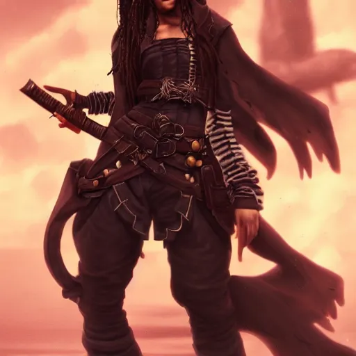 Image similar to full body concept art of a female pirate, airbrushed painting, stunning, featured on artstation, cinematic lighting, hyperdetailed, cgsociety, 8k, dramatic, dark atmosphere, alluring