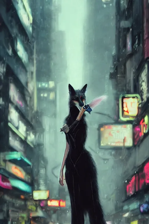 Image similar to gorgeous portrait of a tall beautiful white female anthro fox smoking a cigarette towering head and shoulders above the bustling crowd of a rainy city street around her, goth punk clothes, cyberpunk, harsh neon lights, highly detailed, sharp focus, digital painting, illustration, trending on artstation, art by sakimichan, wlop, greg rutkowski
