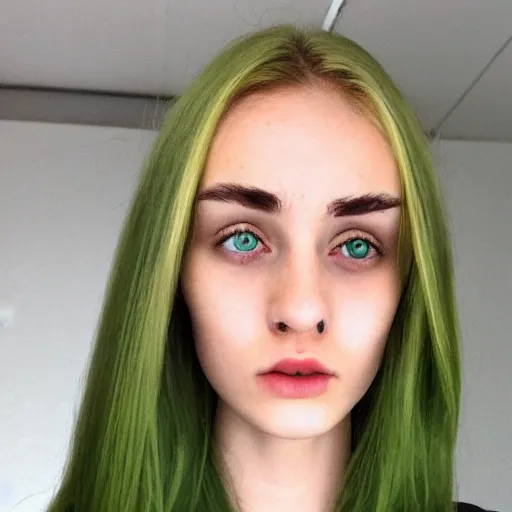 Image similar to brunette with dyed blonde hair, 21 years old, 165 cm tall, long flat blonde hair, eyes green, 30% smaller nose, smaller mouth, round shaped face, big forehead, lop eared, thin eyebrows, real life photograph