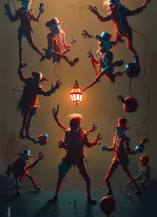 Image similar to masterpiece concept art, neon scary clowns, by greg rutkowski and geof darrow, 8 k, intricate detail, cinematic lighting