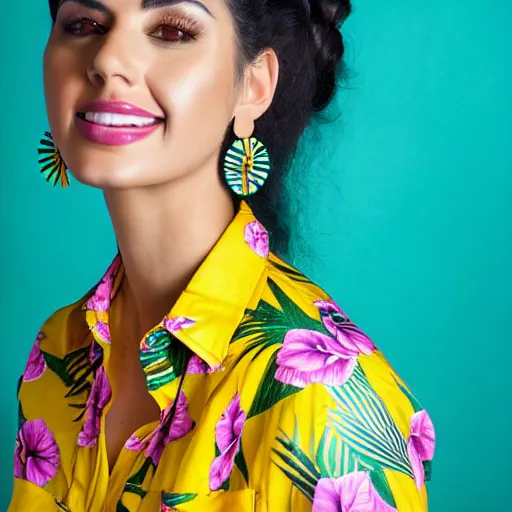 Prompt: a studio photograph of a beautiful latin woman in her mid 2 0's wearing a button down shirt with tropical floral print shirt, large hoop earrings. yellow backdrop.