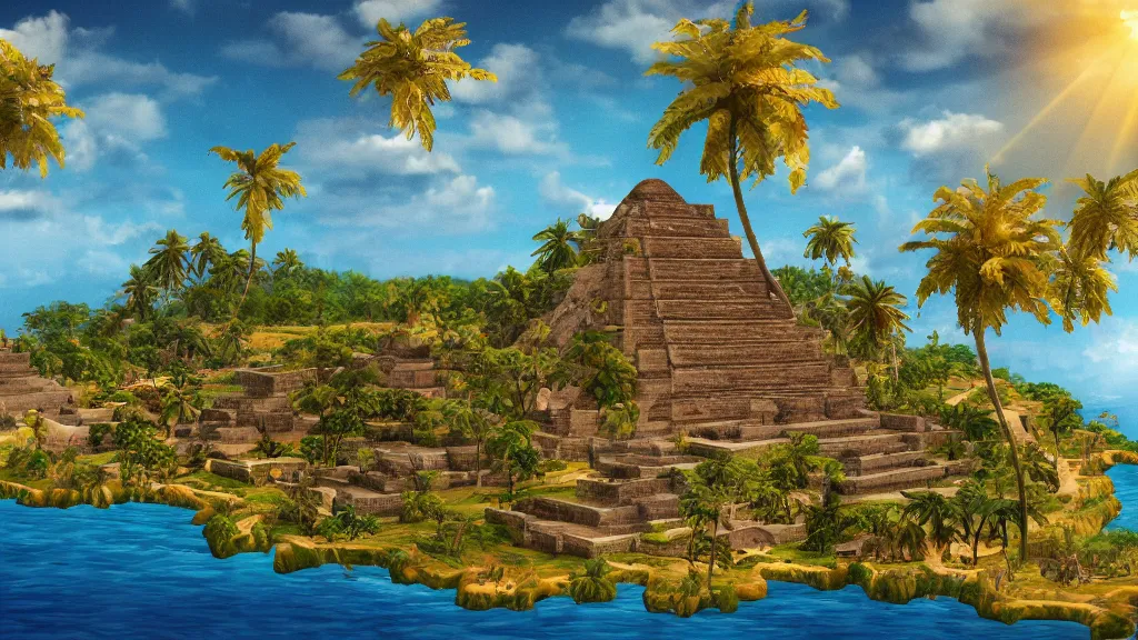 Prompt: an artwork of a sky island with a landscape of Maya civilisation, golden blooming sunlight