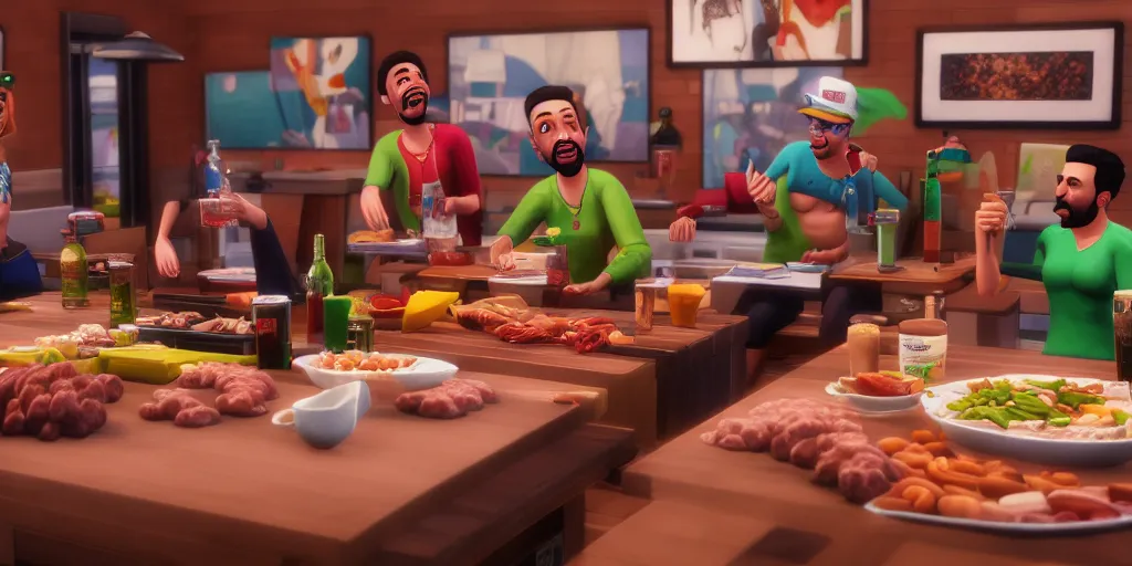 Image similar to sausage party inside sims 4. Octane render, 4k, 8k, unreal 5, very detailed, hyper realism, trending on artstation.