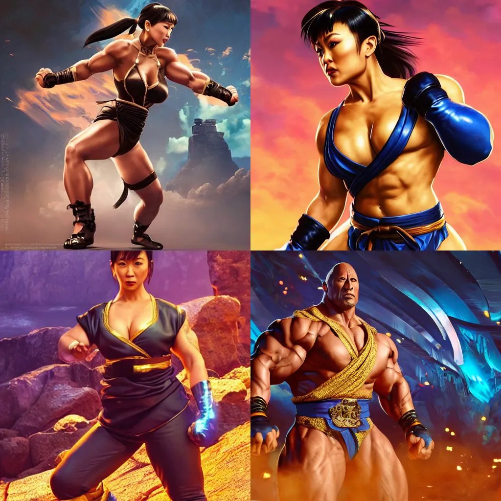 Prompt: dwayne johnson, chun li outfit, posing like a street fighter, intricate, epic lighting, cinematic composition, hyper realistic, 8k resolution, unreal engine 5, by Artgerm, tooth wu, dan mumford, beeple, wlop, rossdraws, James Jean, Andrei Riabovitchev, Marc Simonetti, yoshitaka Amano, Artstation