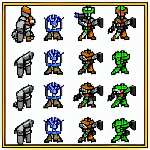 Image similar to sprite of a knight with armor sword and shield, dungeons and dragons game spritesheet, isometric, detailed, pixel art, full turn around