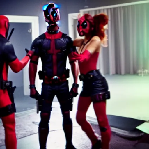 Image similar to a still of deadpool dancing at the disco with the ladies