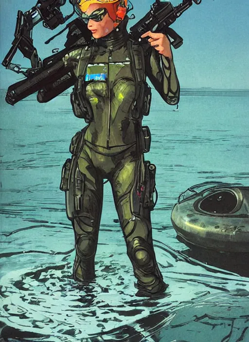 Prompt: Selina. Beautiful USN blackops operator emerging from water at the shoreline. Operator wearing Futuristic wetsuit and looking at an abandoned shipyard. Frogtrooper. rb6s, MGS, and splinter cell Concept art by James Gurney, Alphonso Mucha. Vivid color scheme.