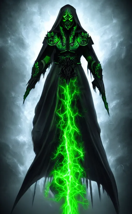 Image similar to character design, dark priest, green lightning, black halo, evil, power, green mist, scary, photorealistic, unreal engine, hellish background