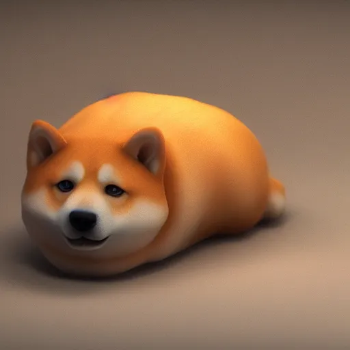 Image similar to A delicious steamed bun in the shape of a shiba inu. Studio lighting, octane render, high resolution, high quality, dark background