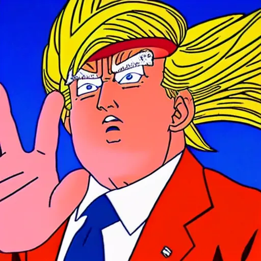 Image similar to still photo of donald trump in dragon ball (1989), anime,