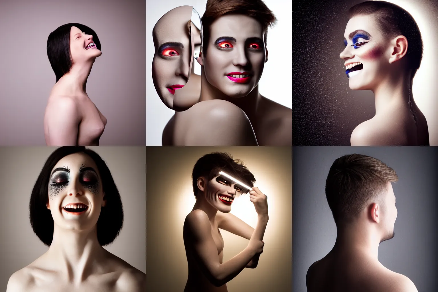 Prompt: a studio portrait with light from the back, of a mimic with makeup made of porcelain, he is smiling