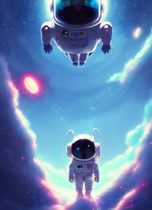 Image similar to portrait of cute kawaii astronaut android floating around a large biomechanical kaiju dragon, nebulous background of dynamic space, a dramatic composition by wlop and greg rutkowski and makoto shinkai and studio ghibli and kyoto animation