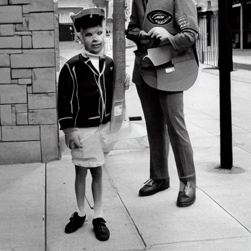 Prompt: a picture of kevin mitnick dressed as a paper boy from the 6 0 s, canon, black and white, high resolution