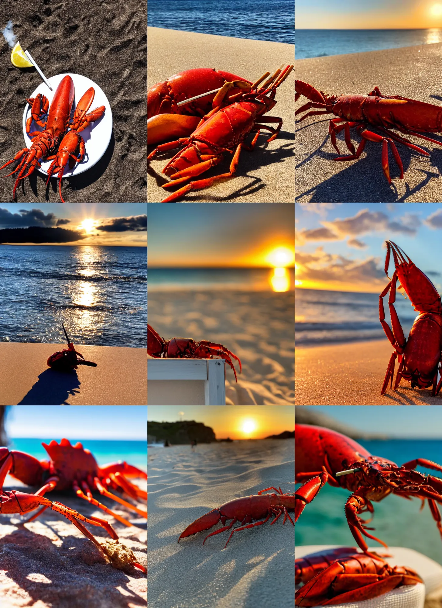 Prompt: close-up photo of a lobster sunbathing and smoking a joint lying in a white chair at the beach, golden hour, Breathtaking, 8k resolution, extremely detailed, beautiful, establishing shot, artistic