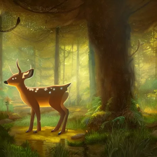 Image similar to concept art painting of an anthropomorphic elderly chubby doe deer wearing yellow robes, in the deep forest, realistic, detailed, cel shaded, in the style of makoto shinkai and greg rutkowski and james gurney