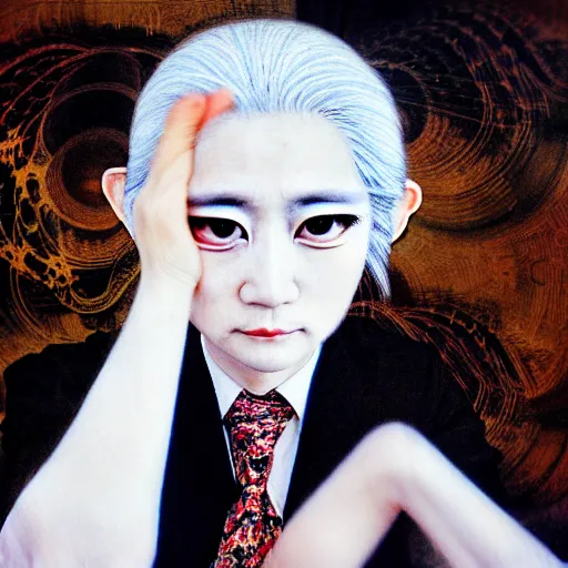 Prompt: yoshitaka amano blurred and dreamy realistic portrait of a woman with white hair and black eyes wearing office suit with tie, junji ito abstract patterns in the background, satoshi kon anime, noisy film grain effect, highly detailed, renaissance oil painting, weird portrait angle, blurred lost edges, three quarter view