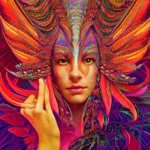 Image similar to A reality bending psychedelic ayahuasca experience, colorful, distorted, surreal, tropical bird feathers, dramatic lighting on the face, intricate, elegant, highly detailed, fire flies, digital painting, concept art, smooth, sharp focus, illustration, art by Krenz Cushart and Wayne Barlowe and alphonse mucha