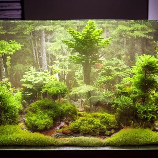 Prompt: a dense forest ecosystem, miniaturized, on a tabletop, in a spaceship