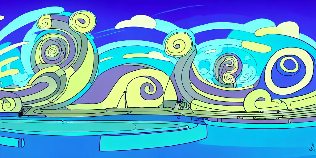 Image similar to chubby spiral shape cartoon concept art, ship port, from lorax movie, black blue green, spiral clouds, sam and max