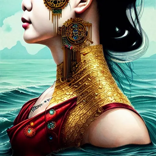 Prompt: portrait and side profile of a chinese woman :: side profile :: in ocean :: clockwork details :: gold :: blood and horror :: by vikings and Sandra Chevrier