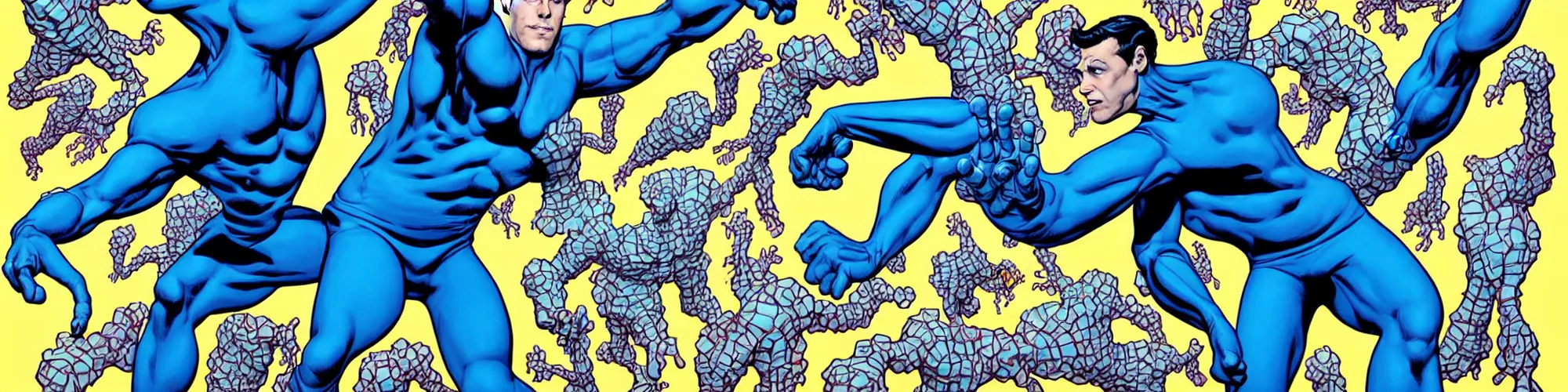 Prompt: mr. fantastic from the fantastic four showing off his weird limbs illustrated by james jean with very long hands and arms and fingers and legs and feet twirling and twisting around in a very high tech lab in space