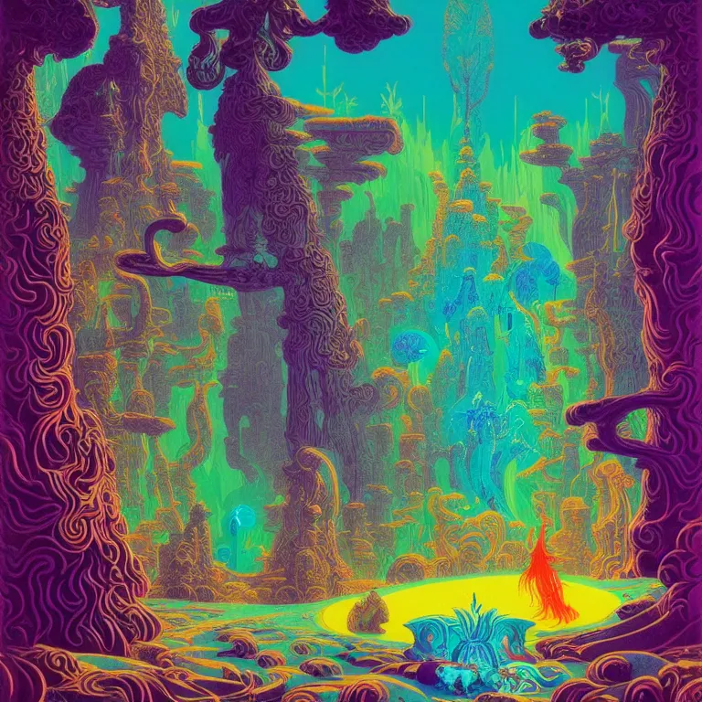 Prompt: interior mythical crystal temple, dog and rabbit silhouettes, psychedelic waves, synthwave, bright neon colors, highly detailed, cinematic, eyvind earle, tim white, philippe druillet, roger dean, ernst haeckel, lisa frank, aubrey beardsley, kubrick