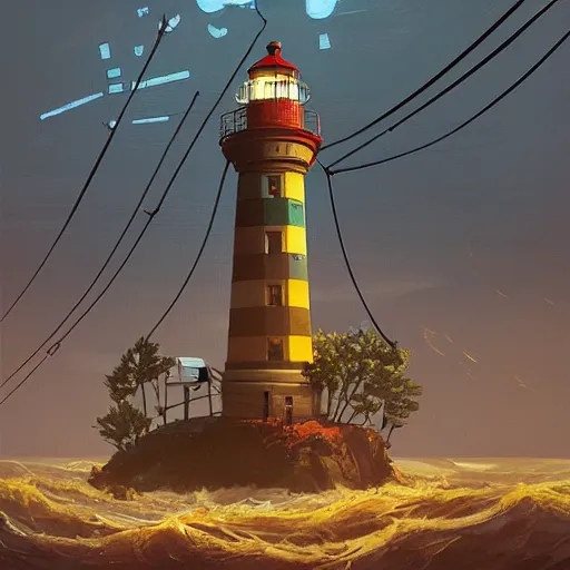 Image similar to lighthouse in a stormy sea, mechanic, robotic, abandoned, overgrown, cables, concept art by simon stalenhag