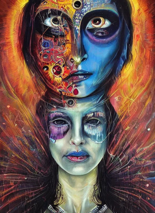 Image similar to enlightened cult psychic woman performing ritual, symmetrical painted face, third eye, energetic consciousness psychedelic scene, epic surrealism expressionism symbolism, story telling, iconic, dark robed, oil painting, layers on layers on layers, dark myth mythos, by Sandra Chevrier , Bruce Pennington, masterpiece